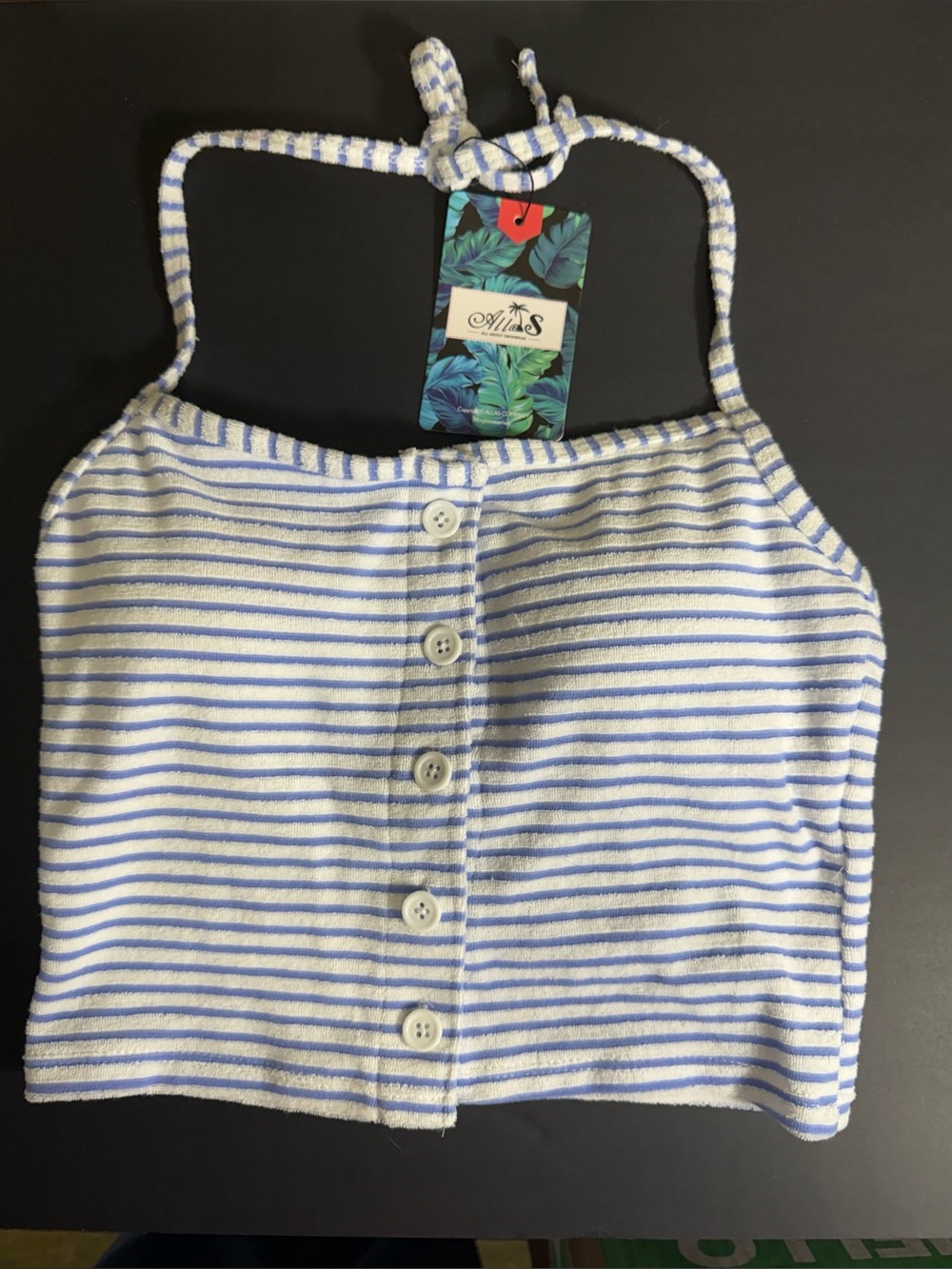 Striped Blue and White Button-Front Halter Crop Top L woman summer toweling